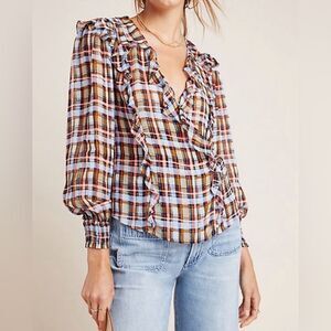 NWT Anthropologie Maeve Laila Ruffled Blouse - plaid Size 8